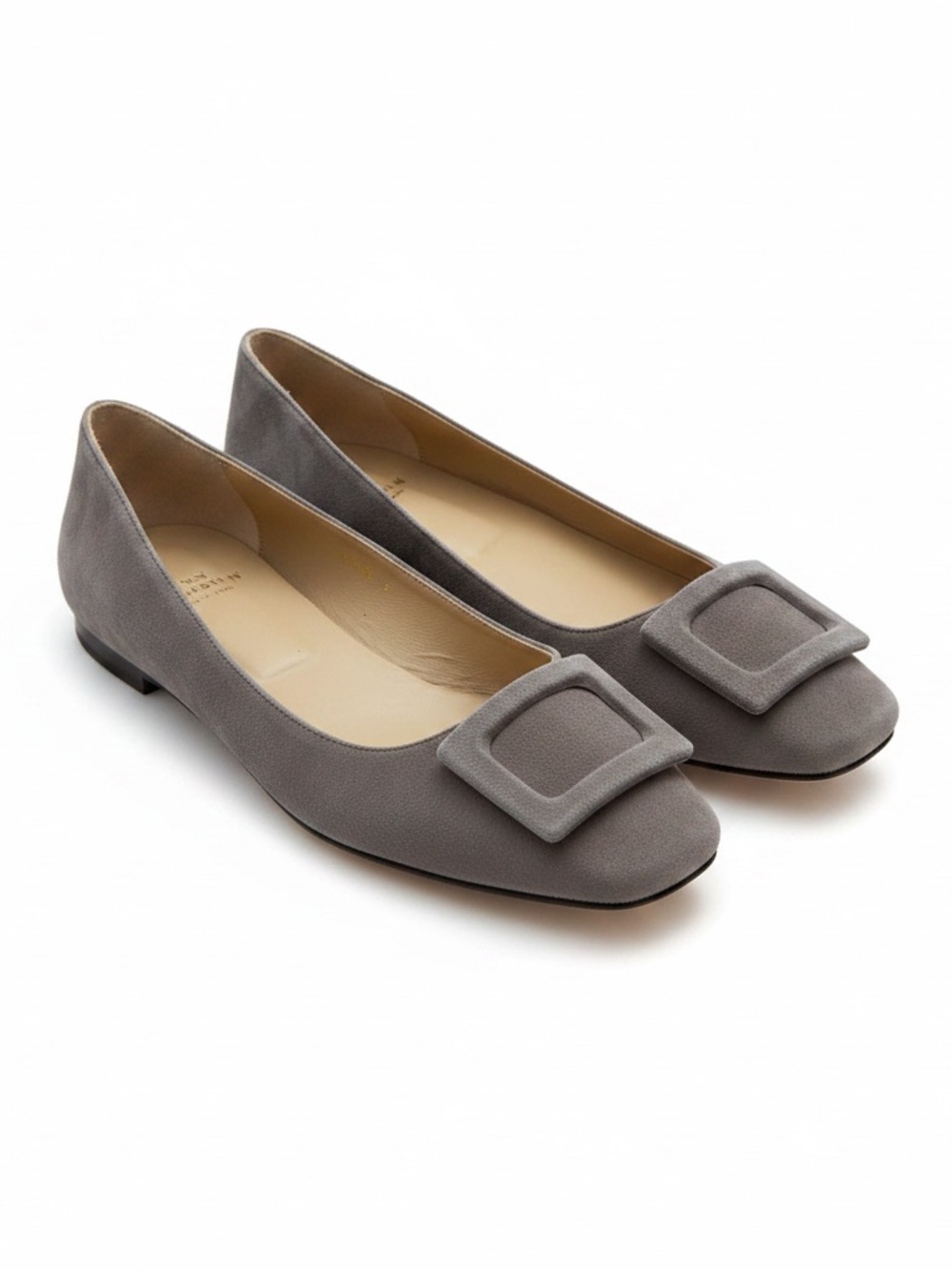 ANN MASHBURN Buckle Square Toe Ballet Flats Gray Suede Leather Shoes Flats 40 10
